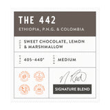 Pure Bean coffee label for the flavor "The 442" a blend of beans from Ethiopia, P.N.G. and Columbia.