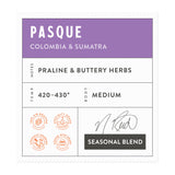 Pure Bean coffee label for the flavor "Pasque" a blend of beans from Columbia and Sumatra.