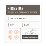 Pure Bean coffee label for the flavor "Fireside" a blend of beans from Ethiopia and Papua New Guinea.