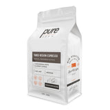Pure Bean coffee bag flavor "Three-Region Espresso" a blend of beans from Mexico, Indonesia and P.N.G..