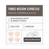 Pure Bean coffee label for the flavor "Three-Region Espresso" a blend of beans from Mexico, Indonesia and P.N.G..