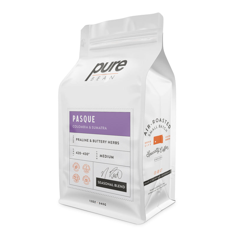 Pure Bean coffee bag the flavor "Pasque" a blend of beans from Columbia and Sumatra.